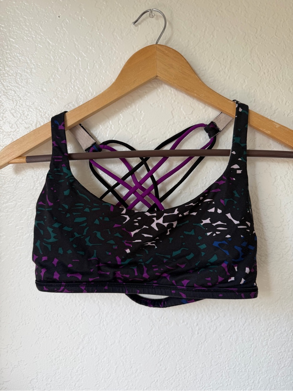 lululemon Athletica Black Cross T-Badk Sports Bra with Purple & Teal Print